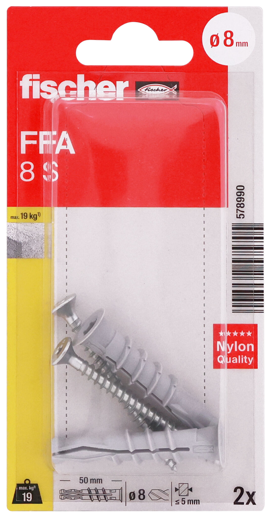 Packaging: "fischer aerated concrete plug FFA 8 S with screw"