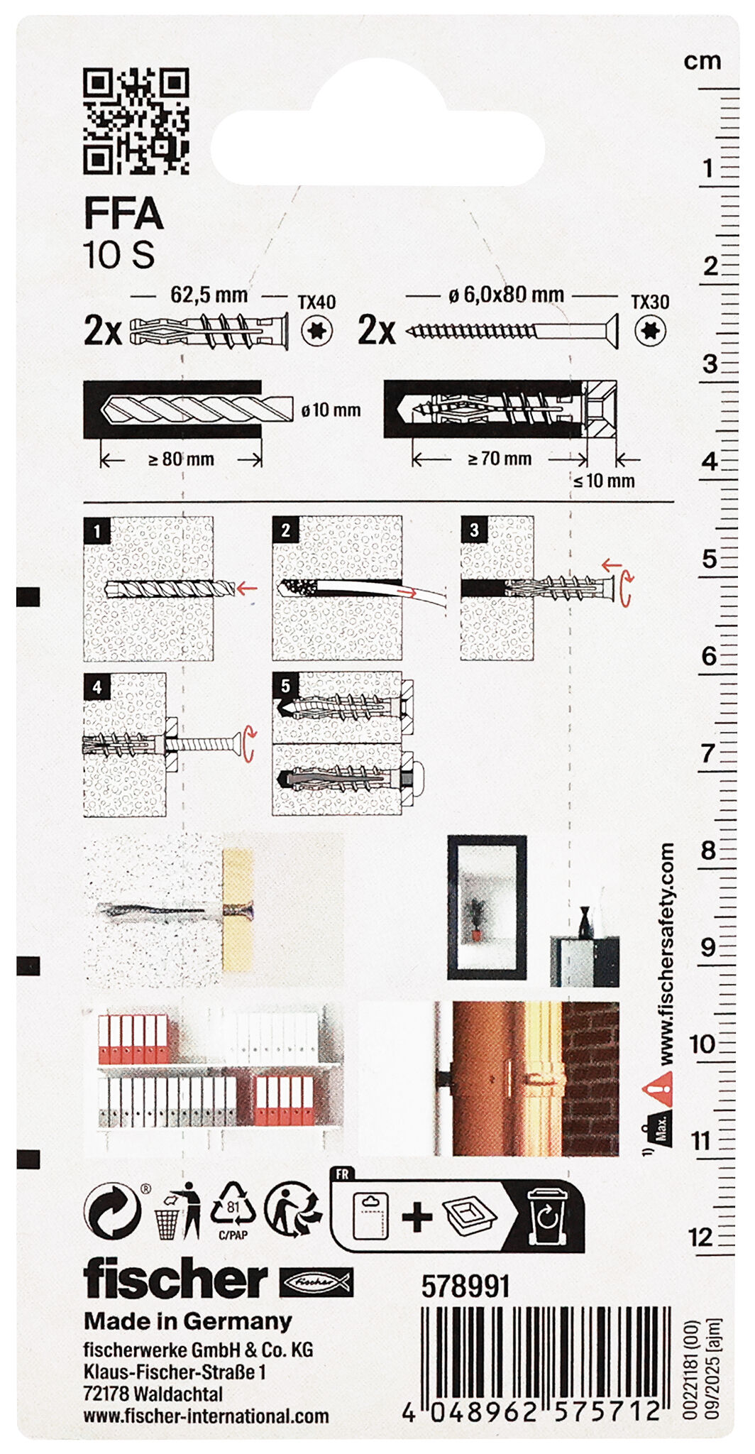 Packaging: "fischer aerated concrete plug FFA 10 S with screw"