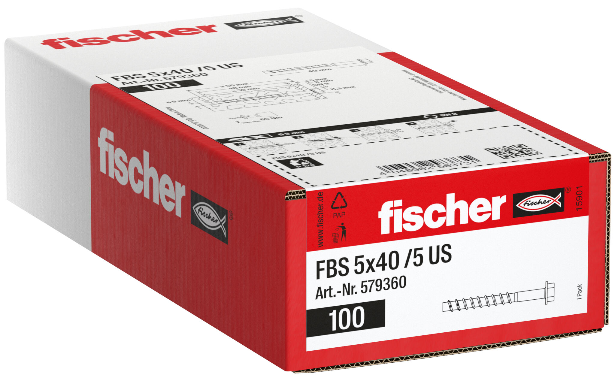 Packaging: "fischer betoniruuvi FBS 5 x 40 /5 US, kuusiokanta, sinkitty"