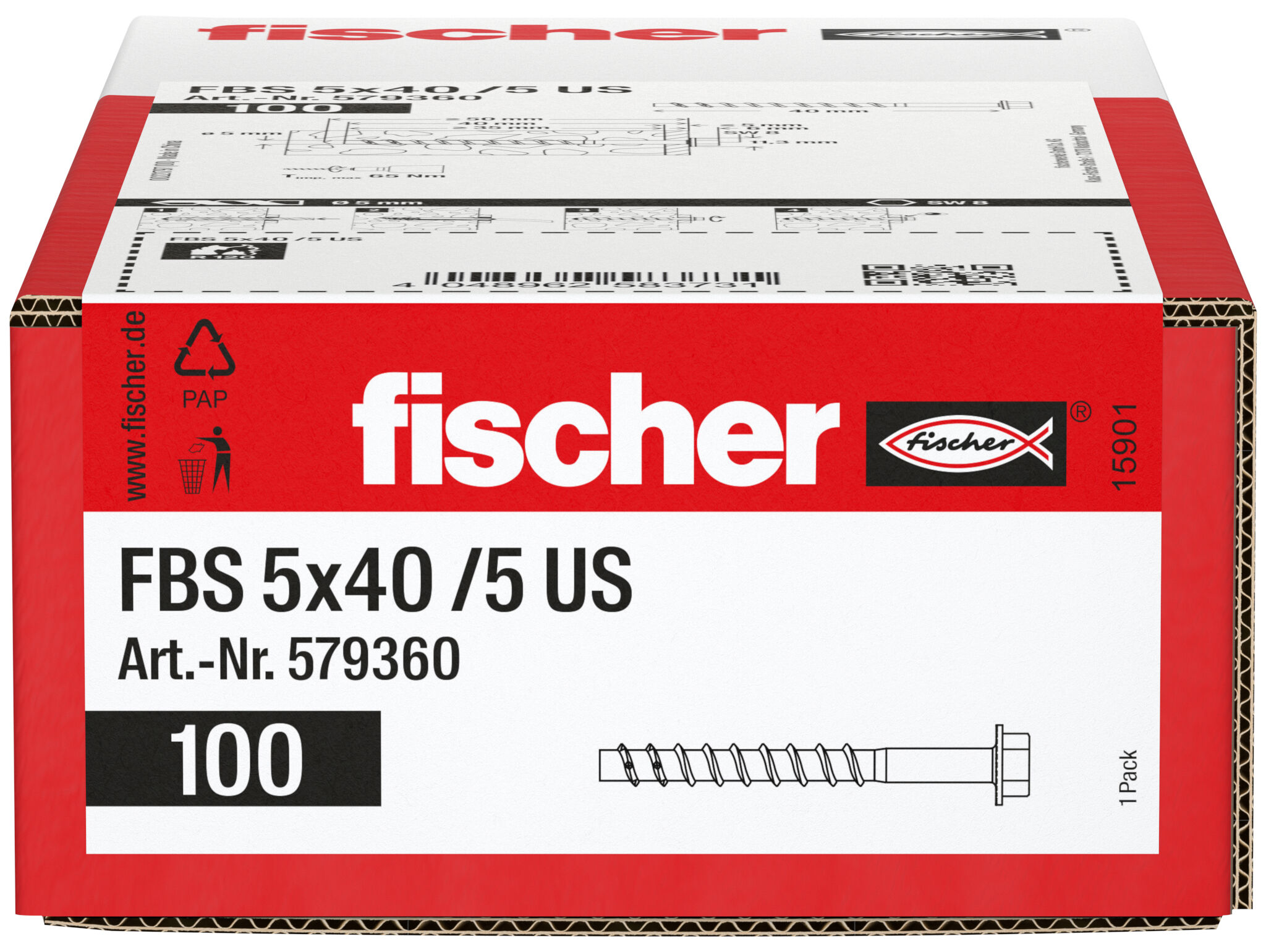 Packaging: "fischer betoniruuvi FBS 5 x 40 /5 US, kuusiokanta, sinkitty"