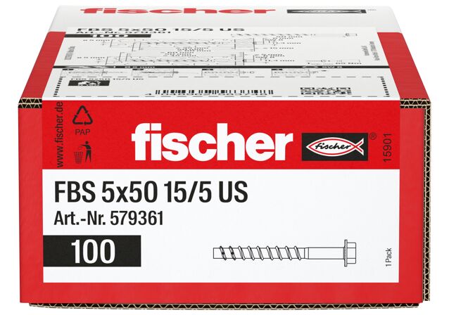 Packaging: "fischer betoniruuvi FBS 5 x 50 15/5 US, kuusiokanta, sinkitty"