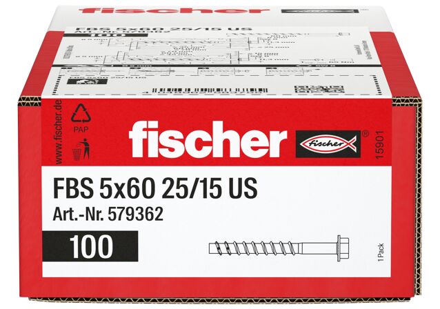 Packaging: "fischer betoniruuvi FBS 5 x 60 25/15 US, kuusiokanta, sinkitty"