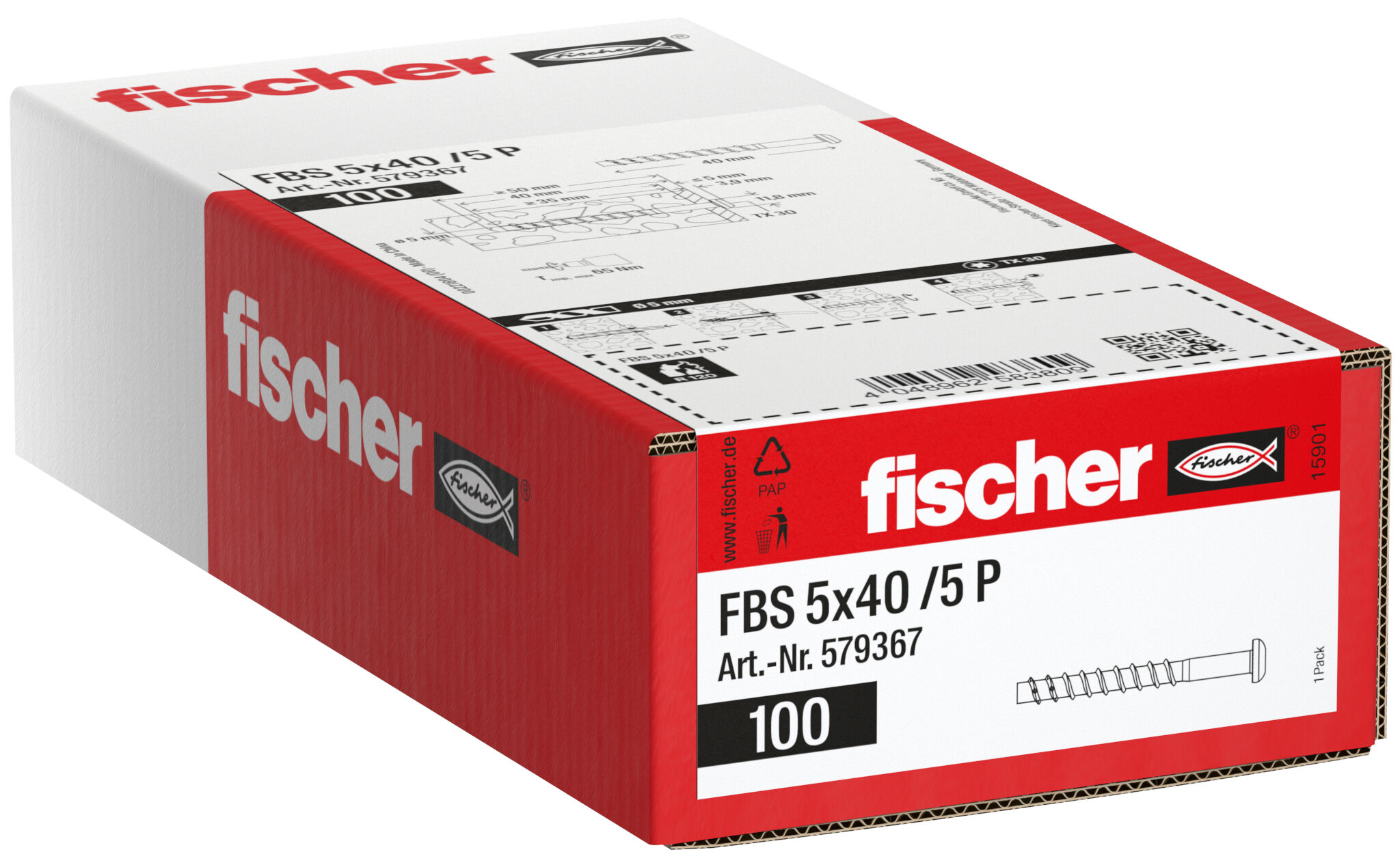 Packaging: "fischer betoniruuvi FBS 5 x 40 /5 P kupukanta, sinkitty"