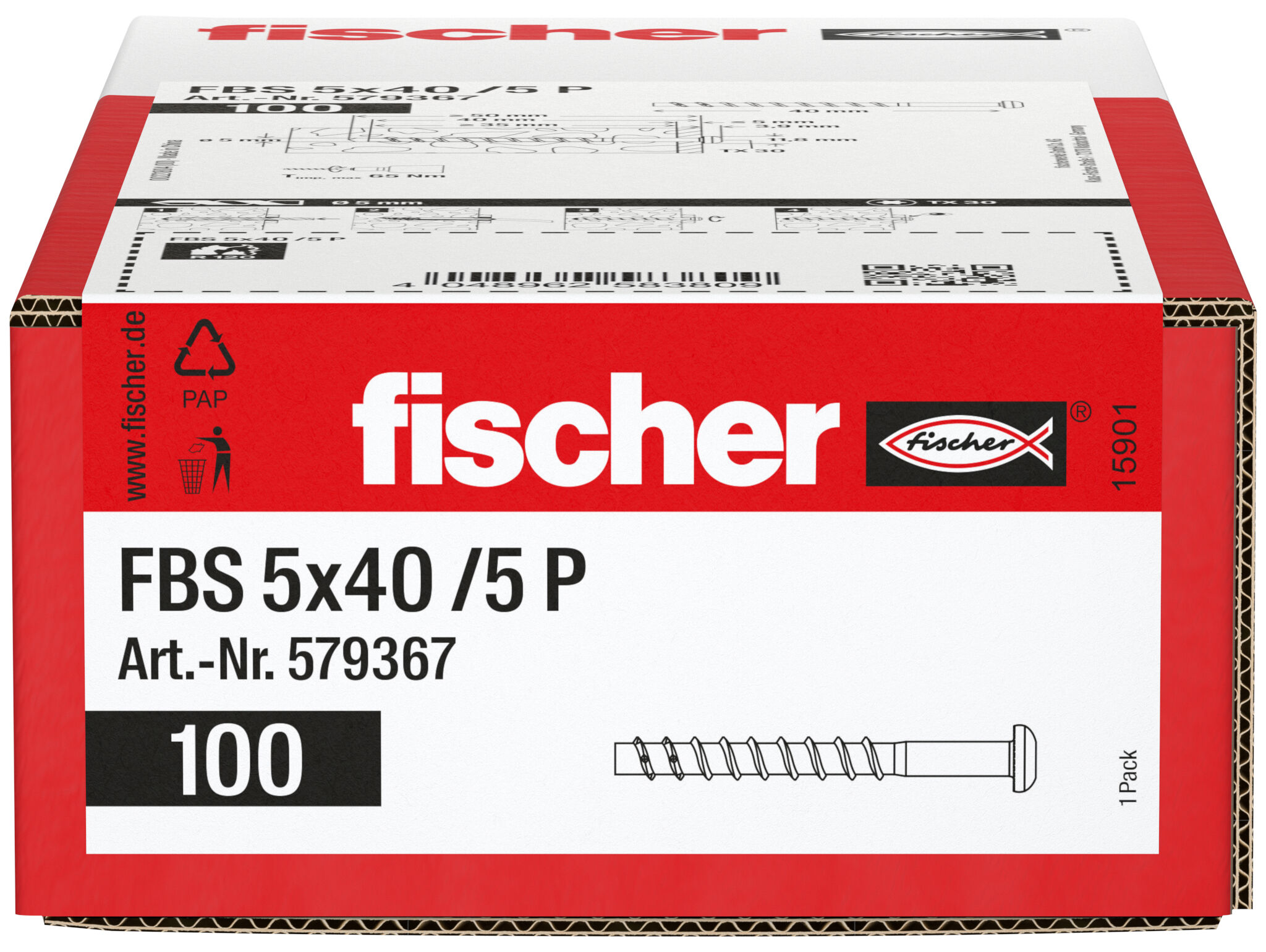 Packaging: "fischer betoniruuvi FBS 5 x 40 /5 P kupukanta, sinkitty"