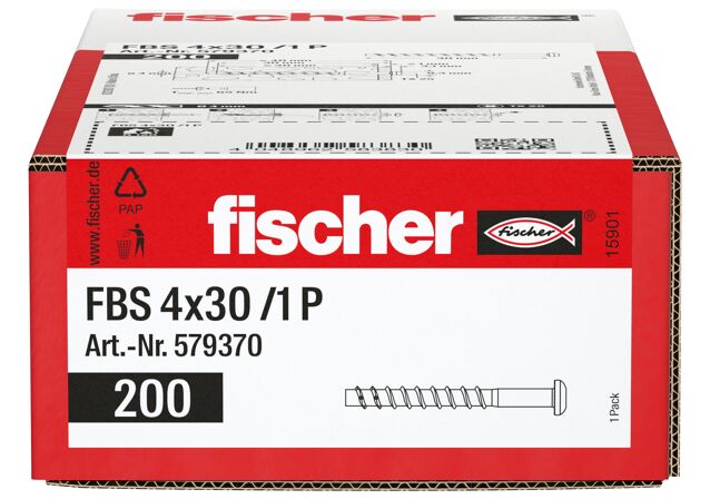 Verpackung: "fischer Betonschraube FBS 4 x 30 /1 P Panhead, galvanisch verzinkter Stahl"