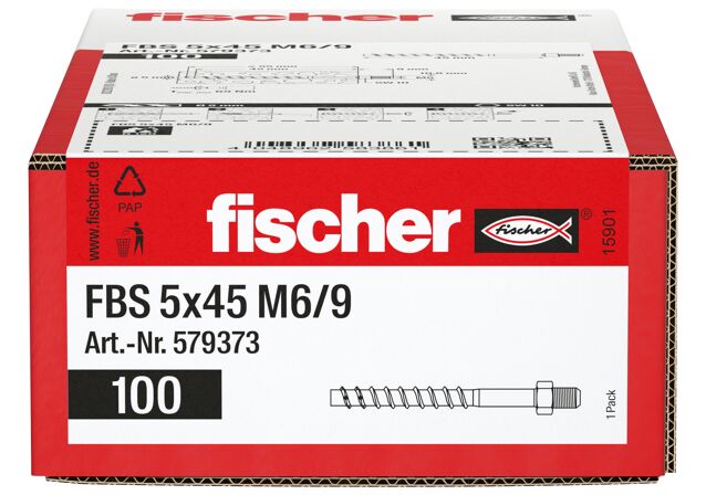 Verpackung: "fischer Betonschraube FBS 5 x 45 M6/9 Außengewinde, galvanisch verzinkter Stahl"
