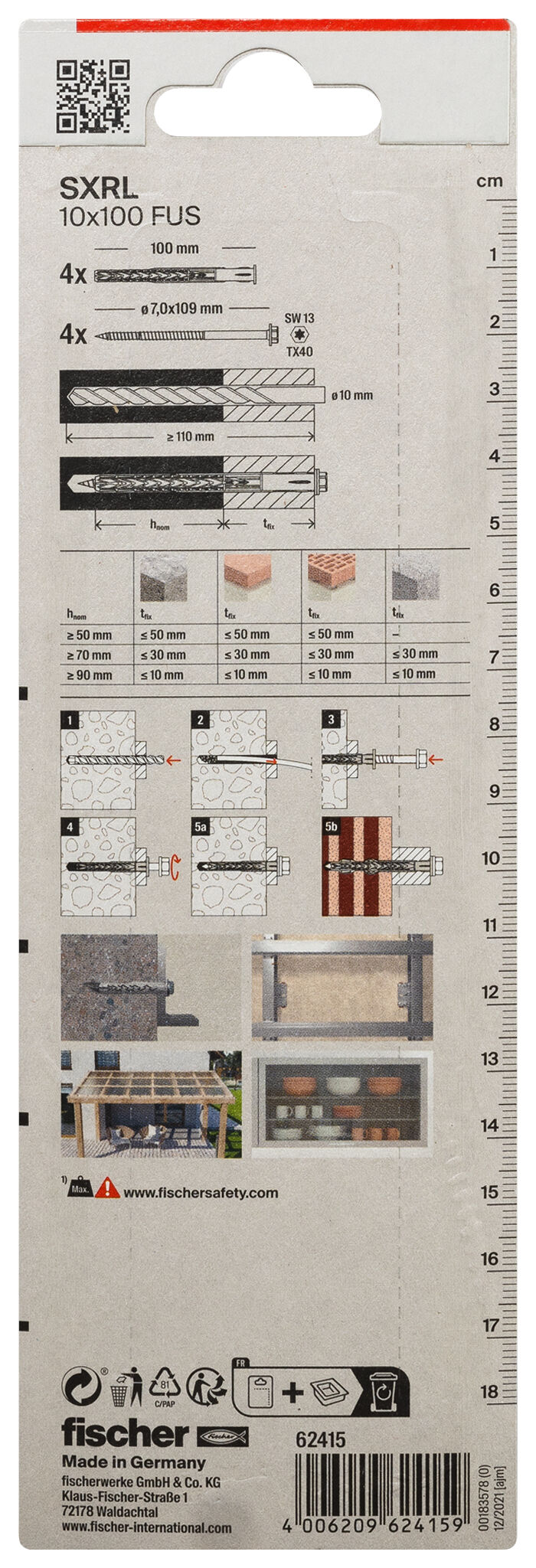 Verpackung: "fischer Langschaftdübel SXRL 10 x 100 FUS Sechskantschraube mit U-Scheibe"