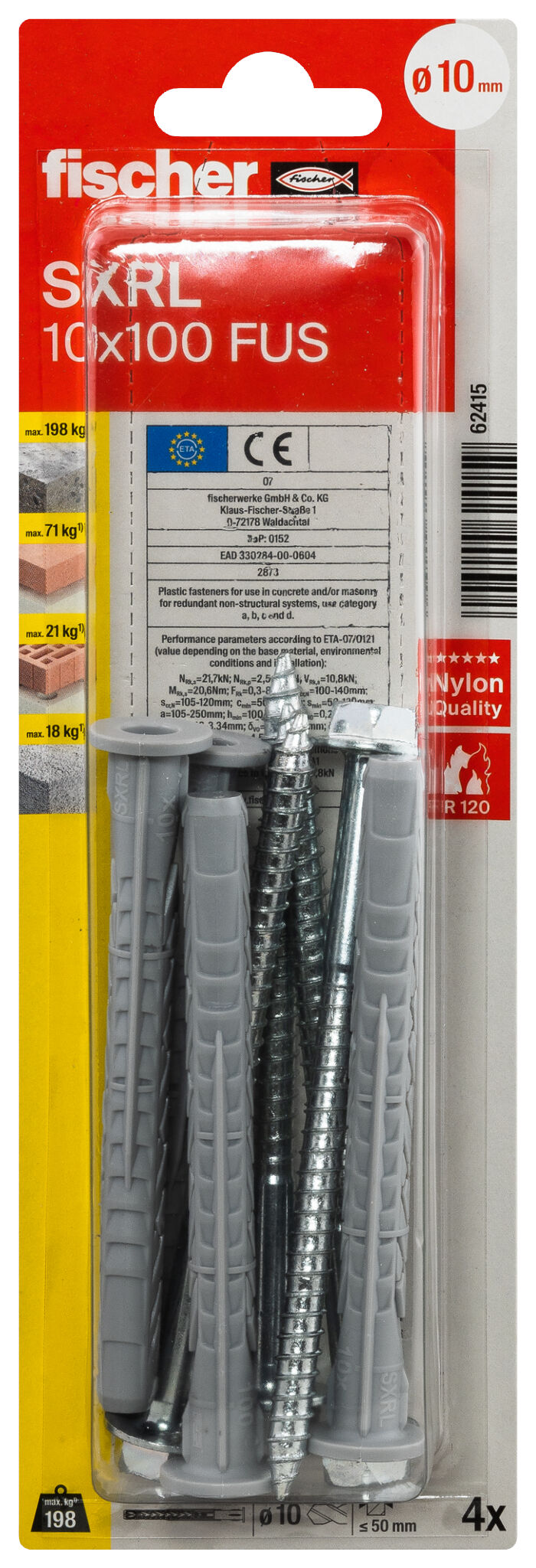 Verpackung: "fischer Langschaftdübel SXRL 10 x 100 FUS Sechskantschraube mit U-Scheibe"