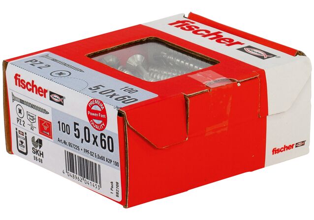 Verpackung: "fischer PowerFast 5,0 x 60 Senkkopf nichtrostender Stahl A2 Teilgewinde Kreuzschlitz PZ"