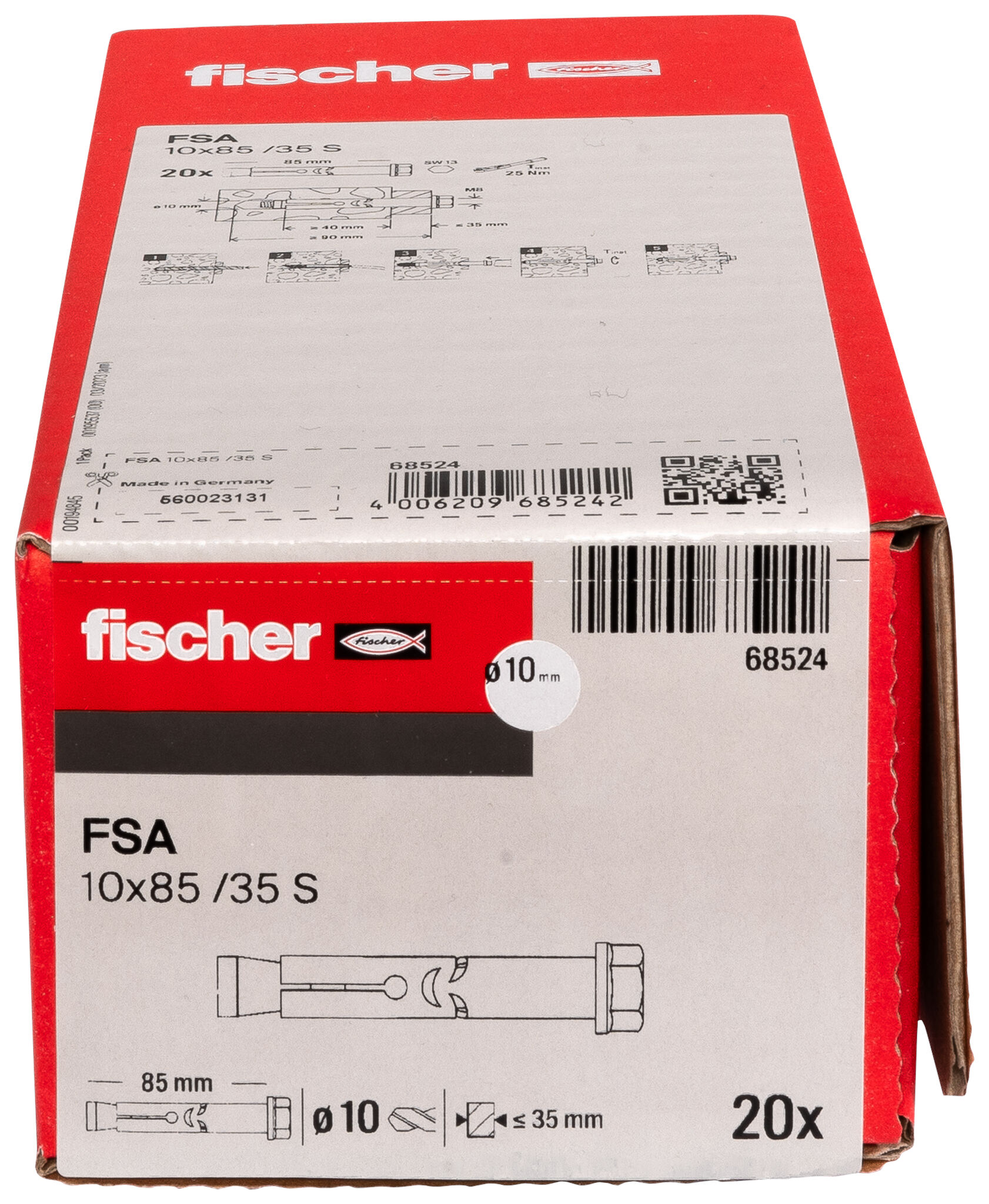 Packaging: "fischer Sleeve anchor FSA 10 x 85/35 S electro zinc plated"