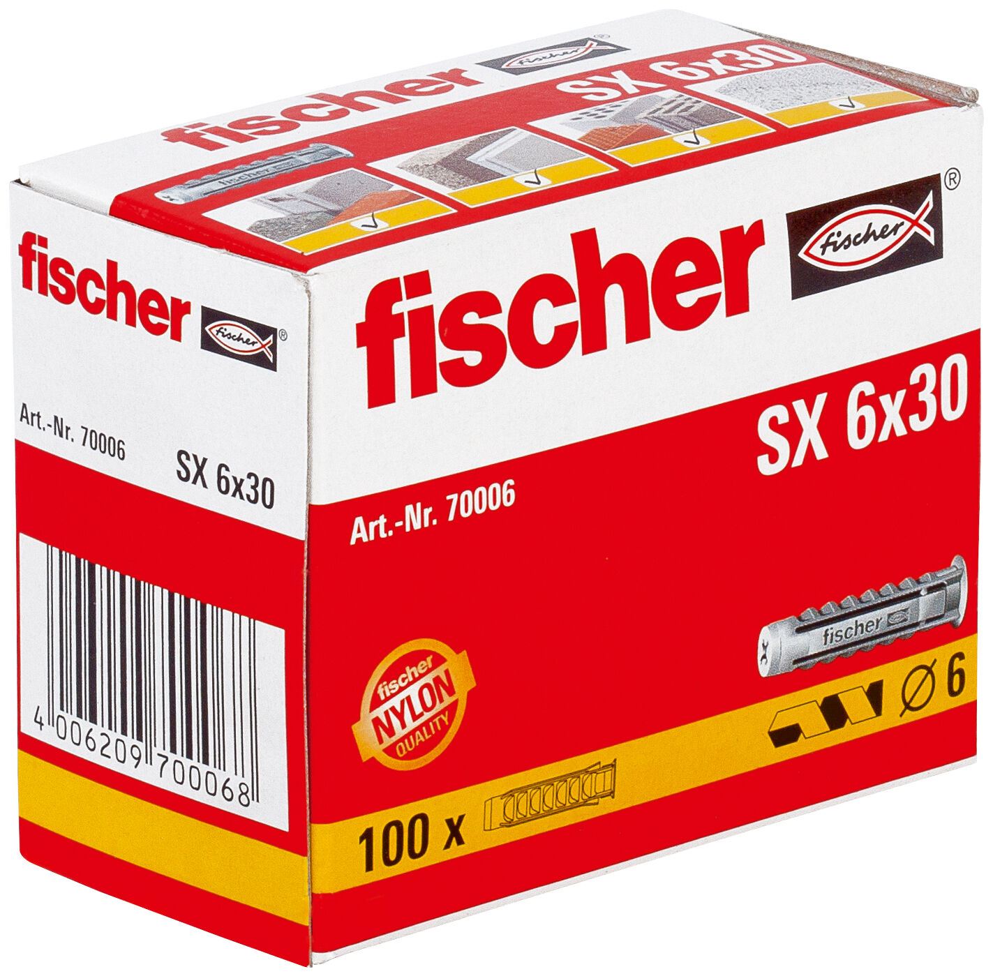 Packaging: "fischer Expansion plug SX 6 x 30 with rim"