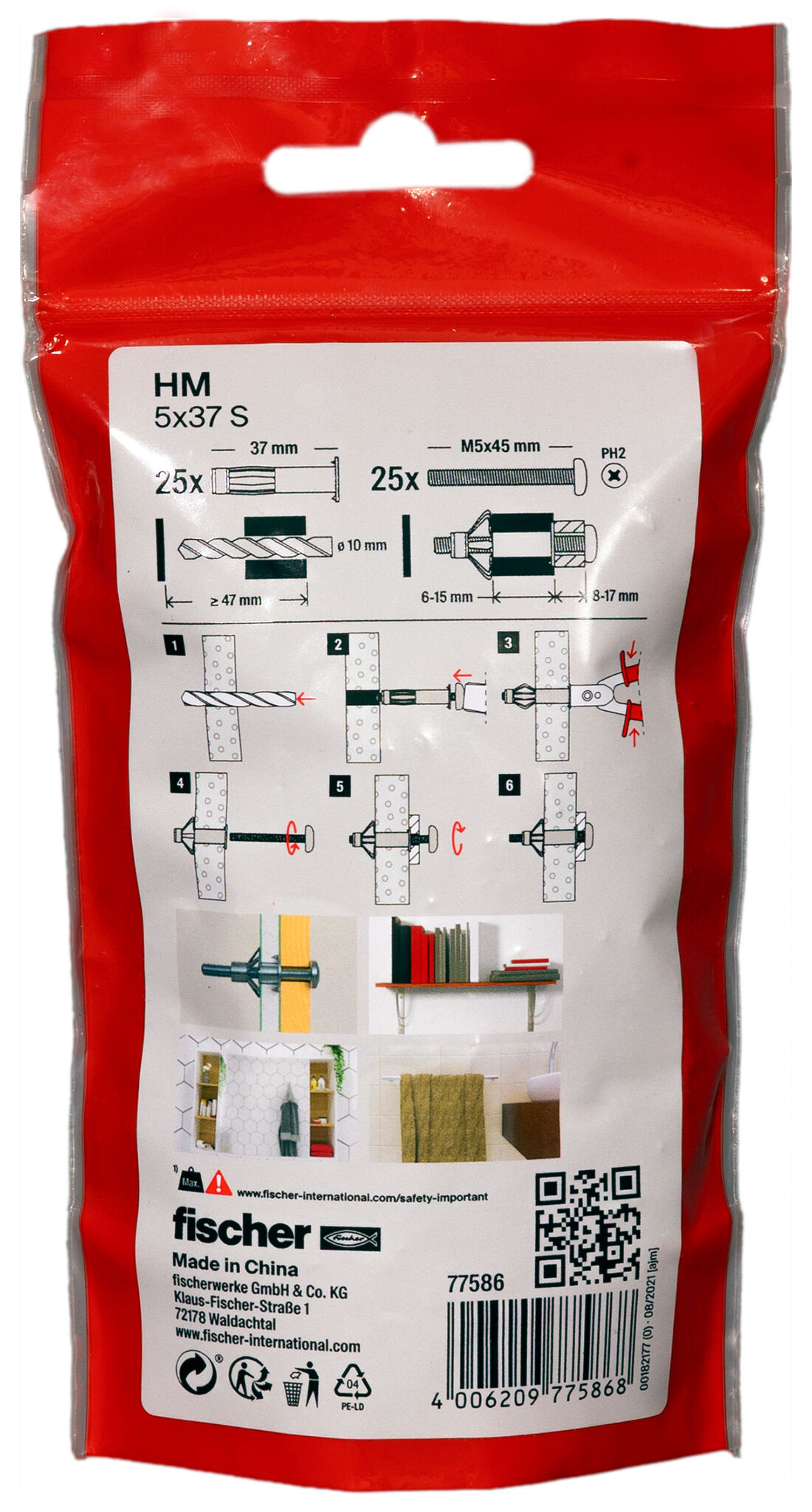 Packaging: "Cheville métallique pour corps creux HM-S 5 x 37 /25B avec vis métrique"