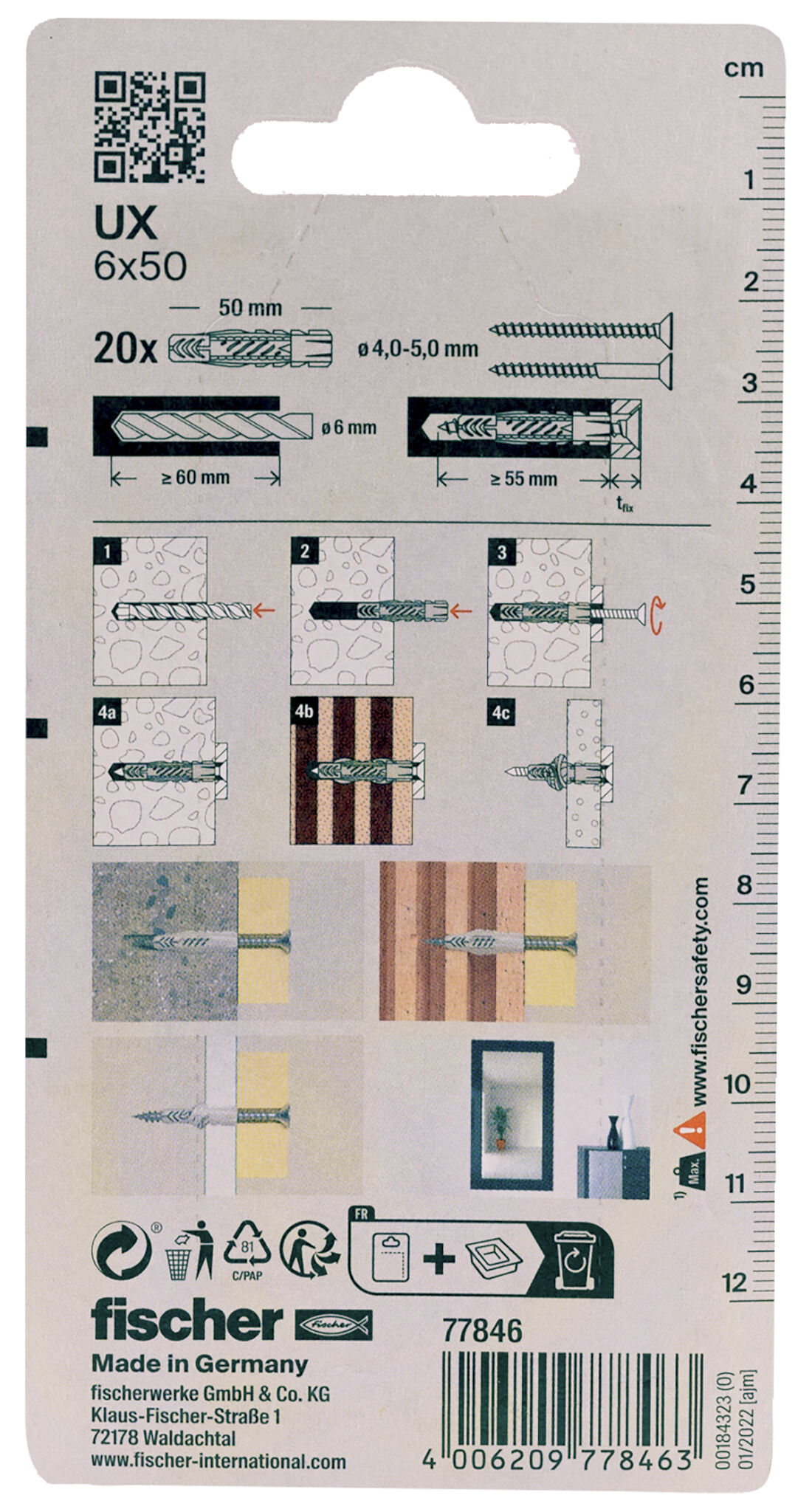 Packaging: "fischer Universal plug UX 6 x 50 K without rim"