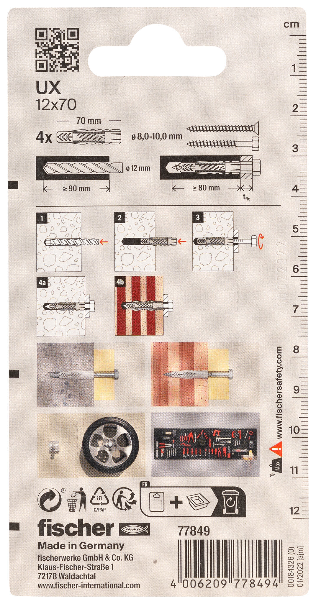 Packaging: "fischer Universal plug UX 12 x 70 K without rim"