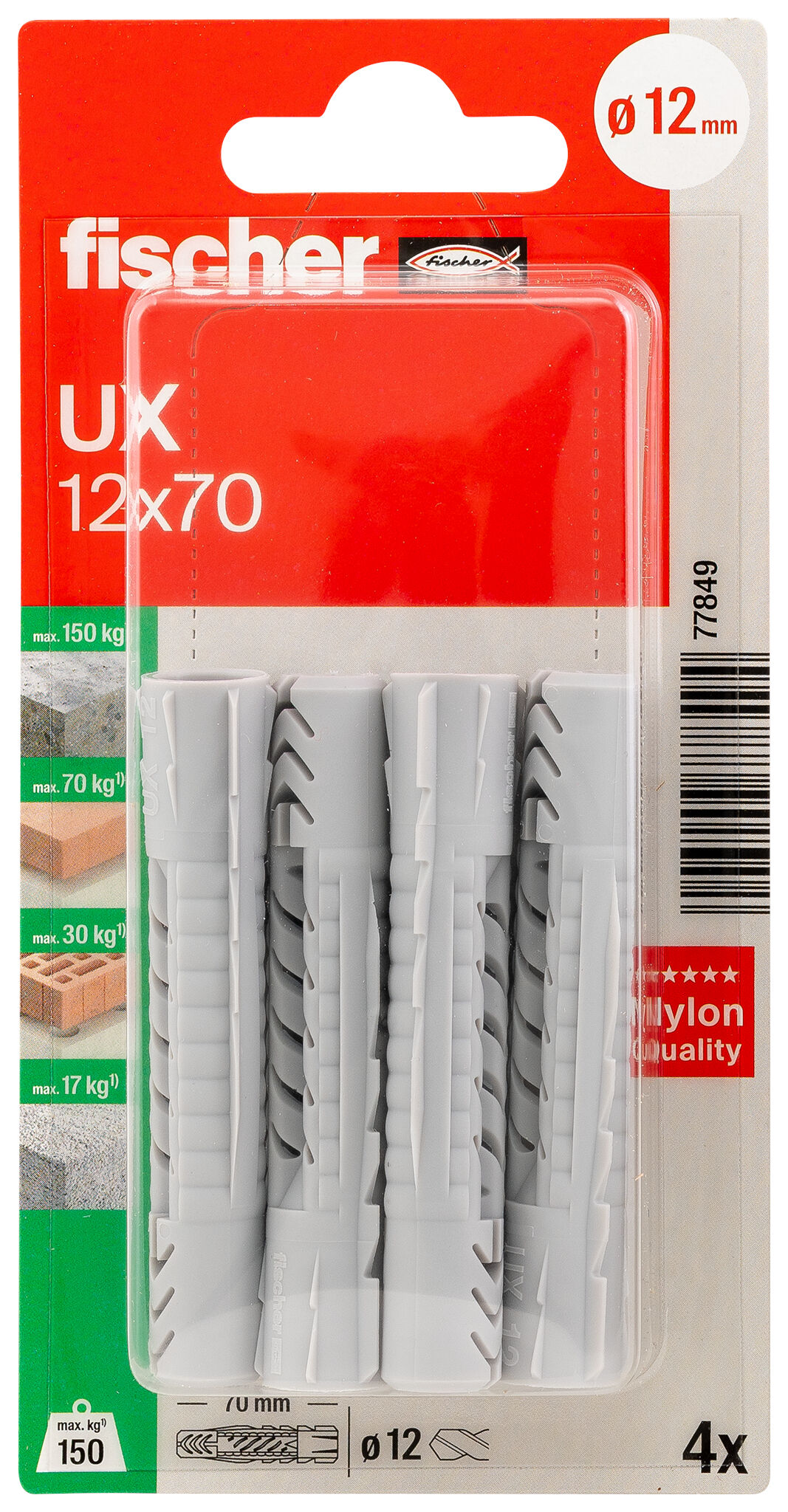 Packaging: "fischer Universal plug UX 12 x 70 K without rim"