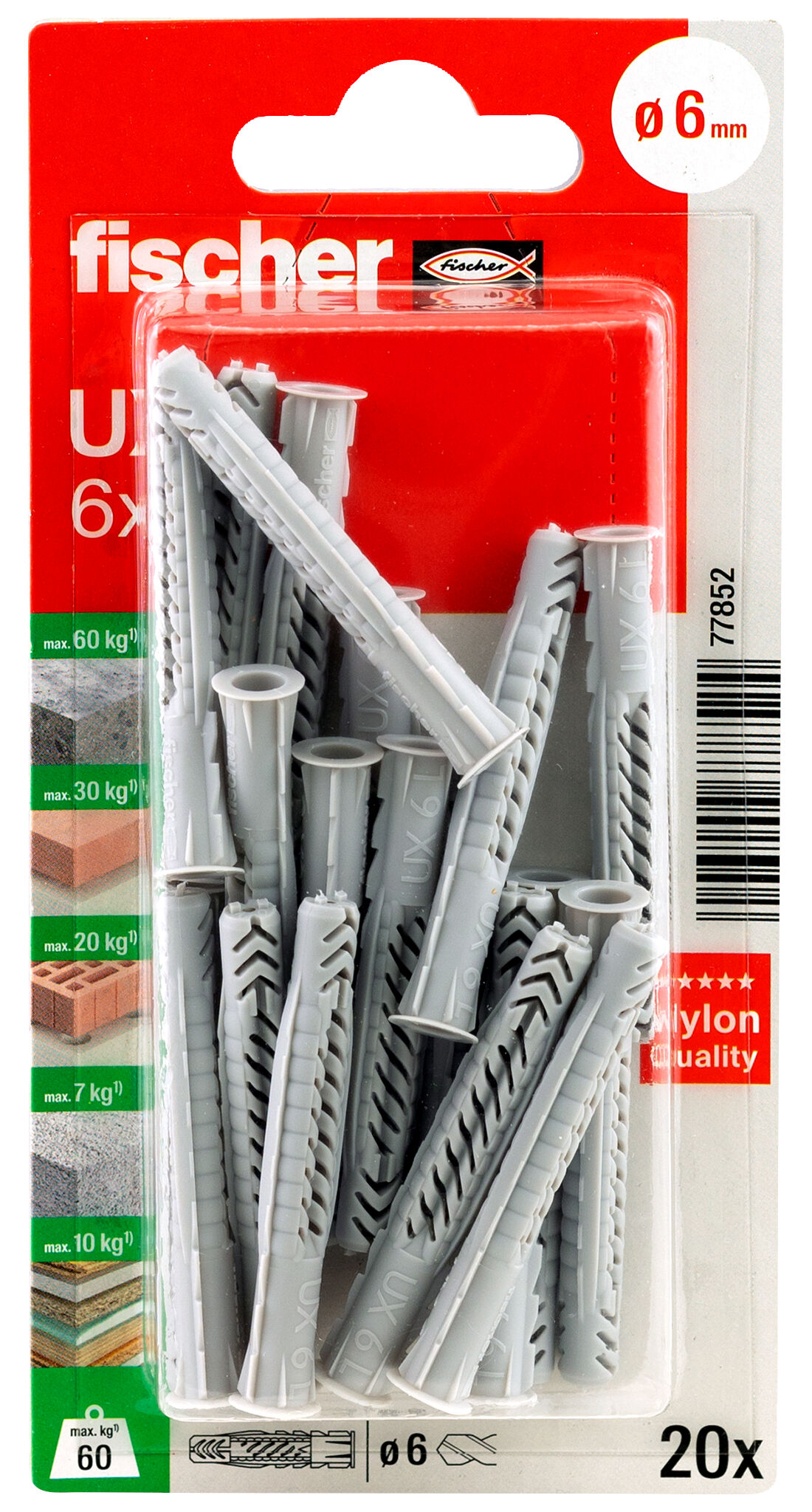 Packaging: "fischer Universal plug UX 6 x 50 R K with rim"