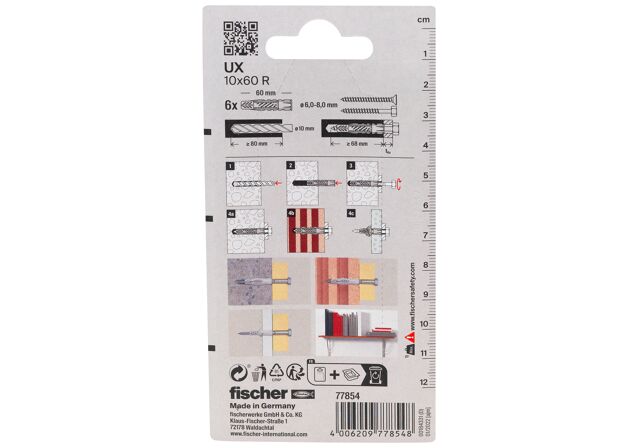 Packaging: "fischer Universal plug UX 10 x 60 R K with rim"