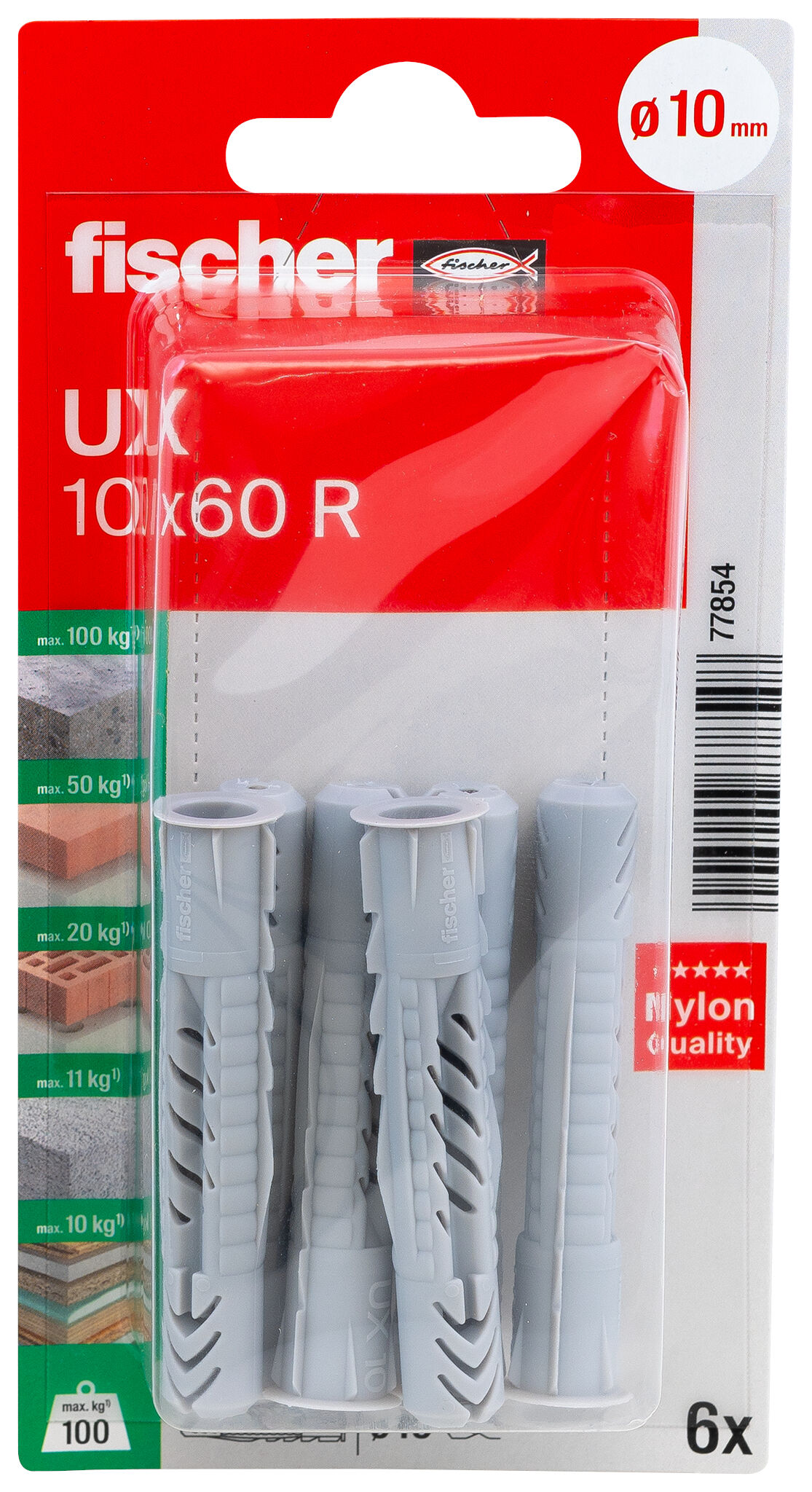 Packaging: "fischer Universal plug UX 10 x 60 R K with rim"