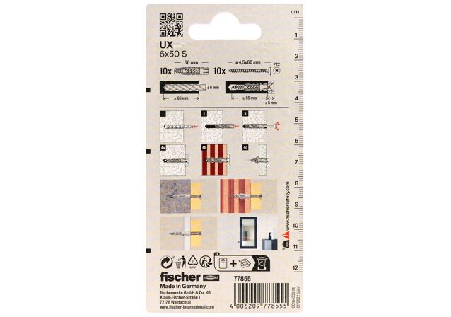 Packaging: "fischer Universal plug UX 6 x 50 S K without rim with screw"
