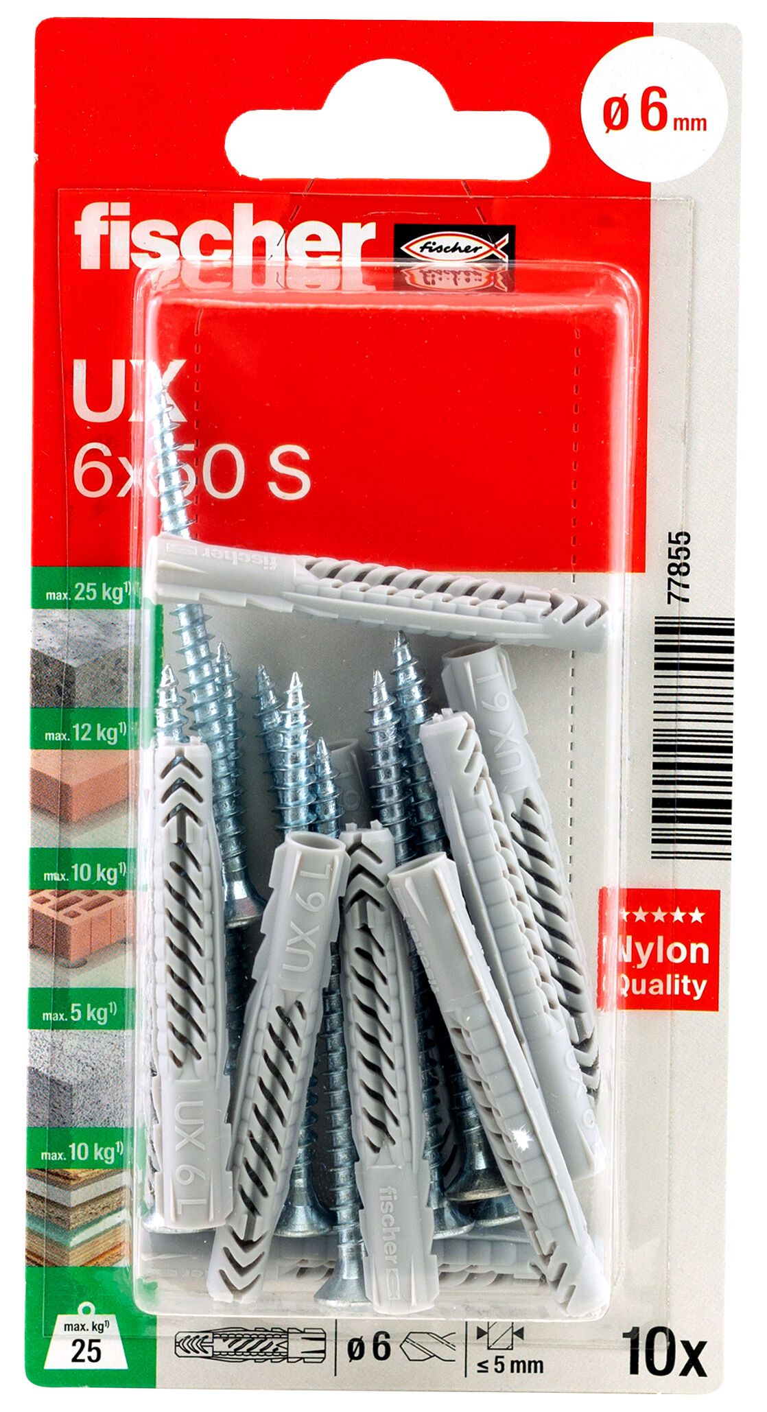 Packaging: "fischer Universal plug UX 6 x 50 S K without rim with screw"
