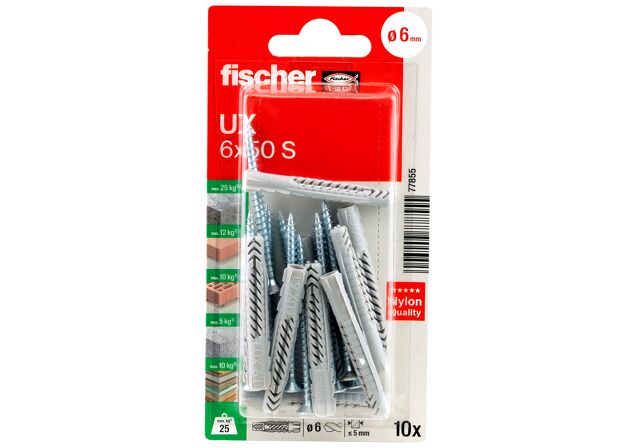 Packaging: "fischer Universal plug UX 6 x 50 S K without rim with screw"