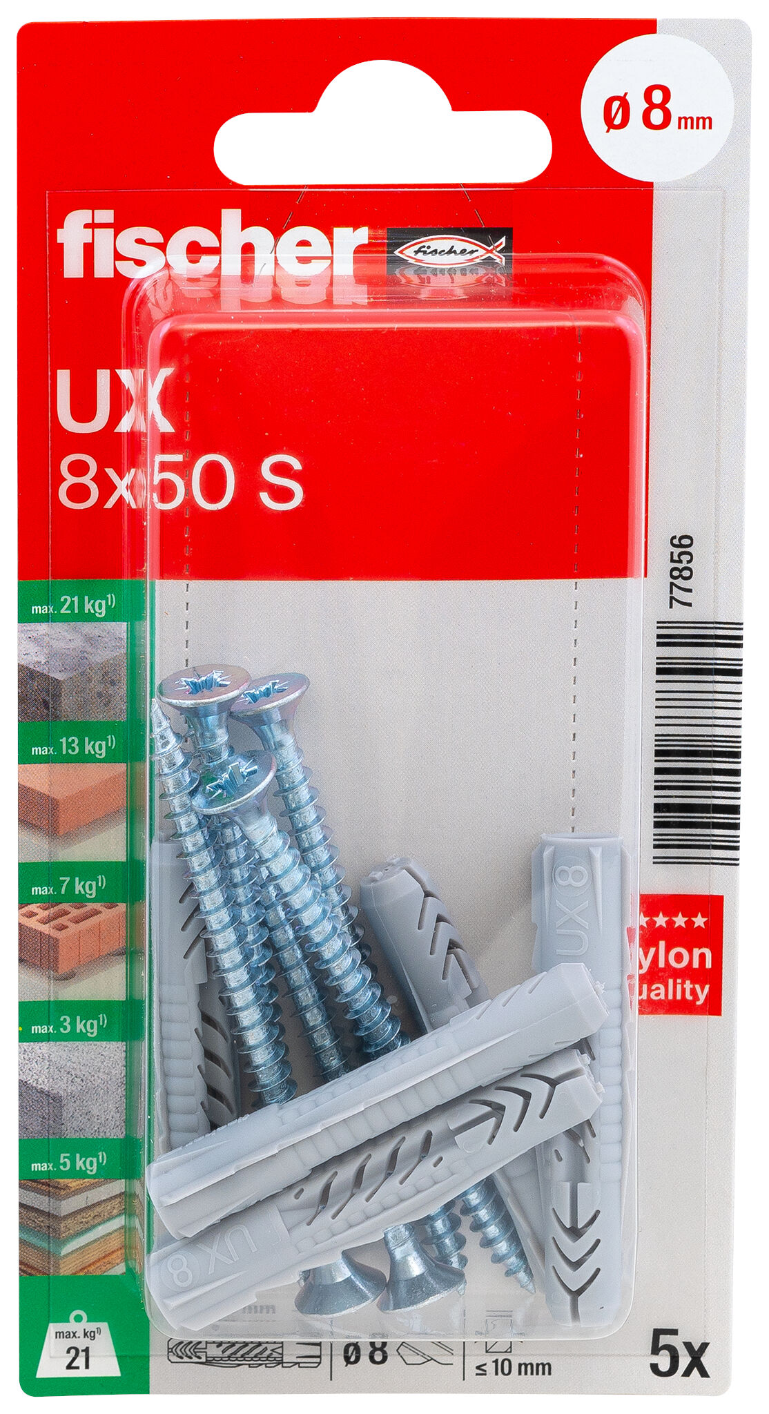 Packaging: "fischer Universal plug UX 8 x 50 S K with screw"