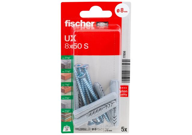 Packaging: "fischer Universal plug UX 8 x 50 S K with screw"