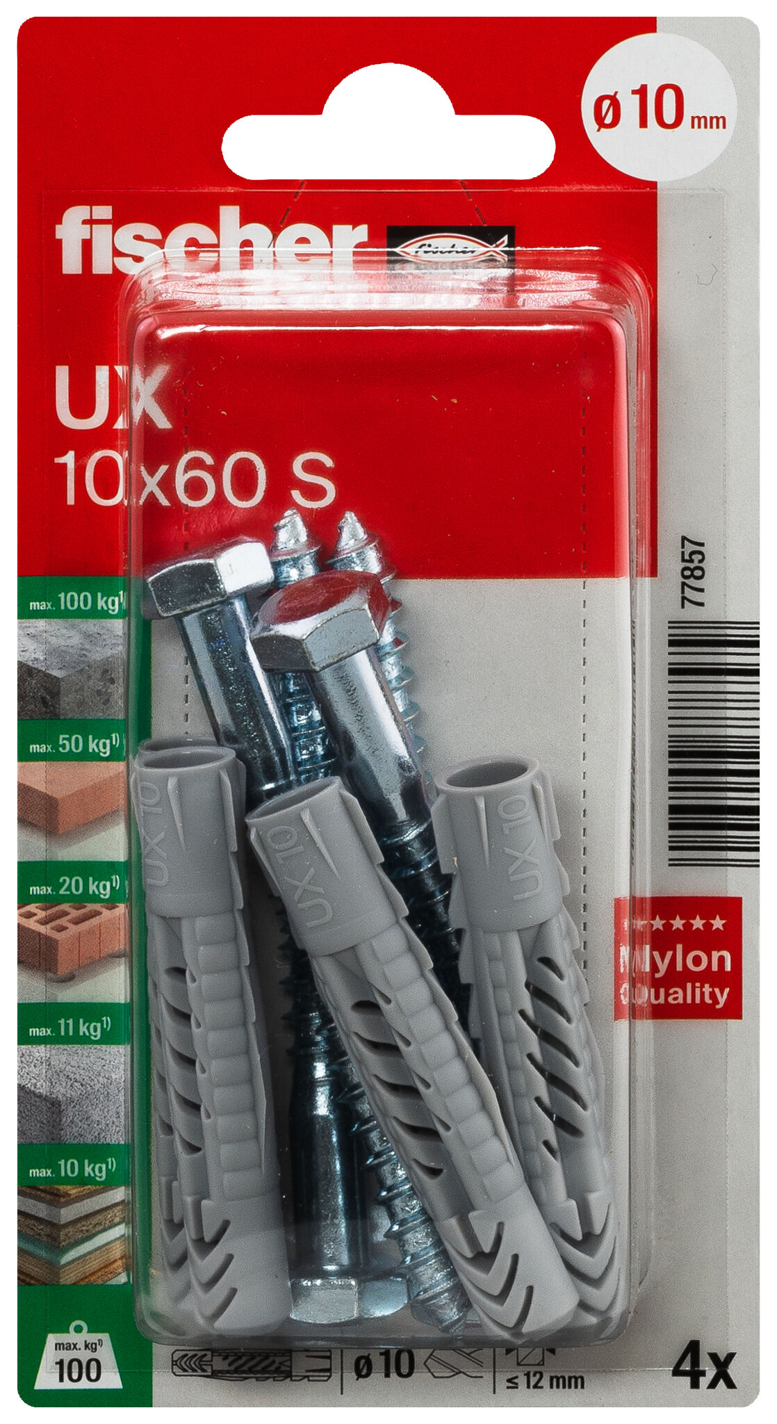 Packaging: "fischer Universal plug UX 10 x 60 S K with screw"