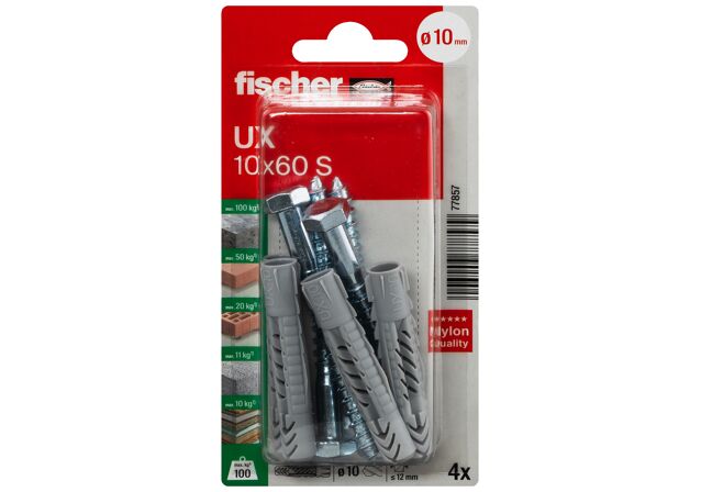 Packaging: "fischer Universal plug UX 10 x 60 S K with screw"