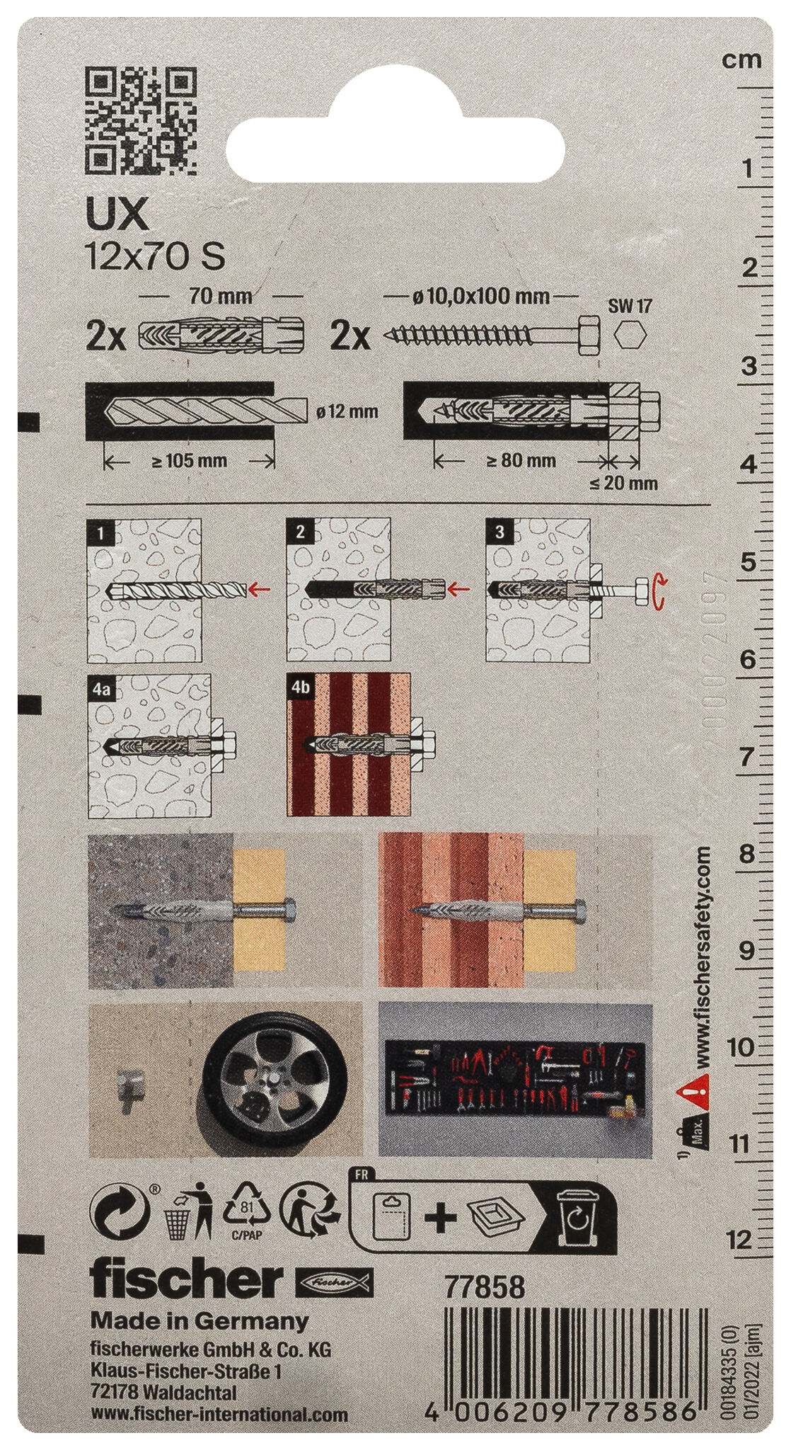 Packaging: "fischer Universal plug UX 12 x 70 S K without rim with screw"