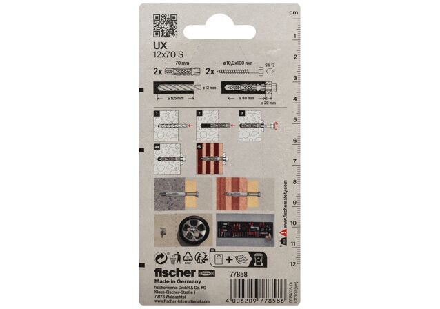 Packaging: "fischer Universal plug UX 12 x 70 S K without rim with screw"