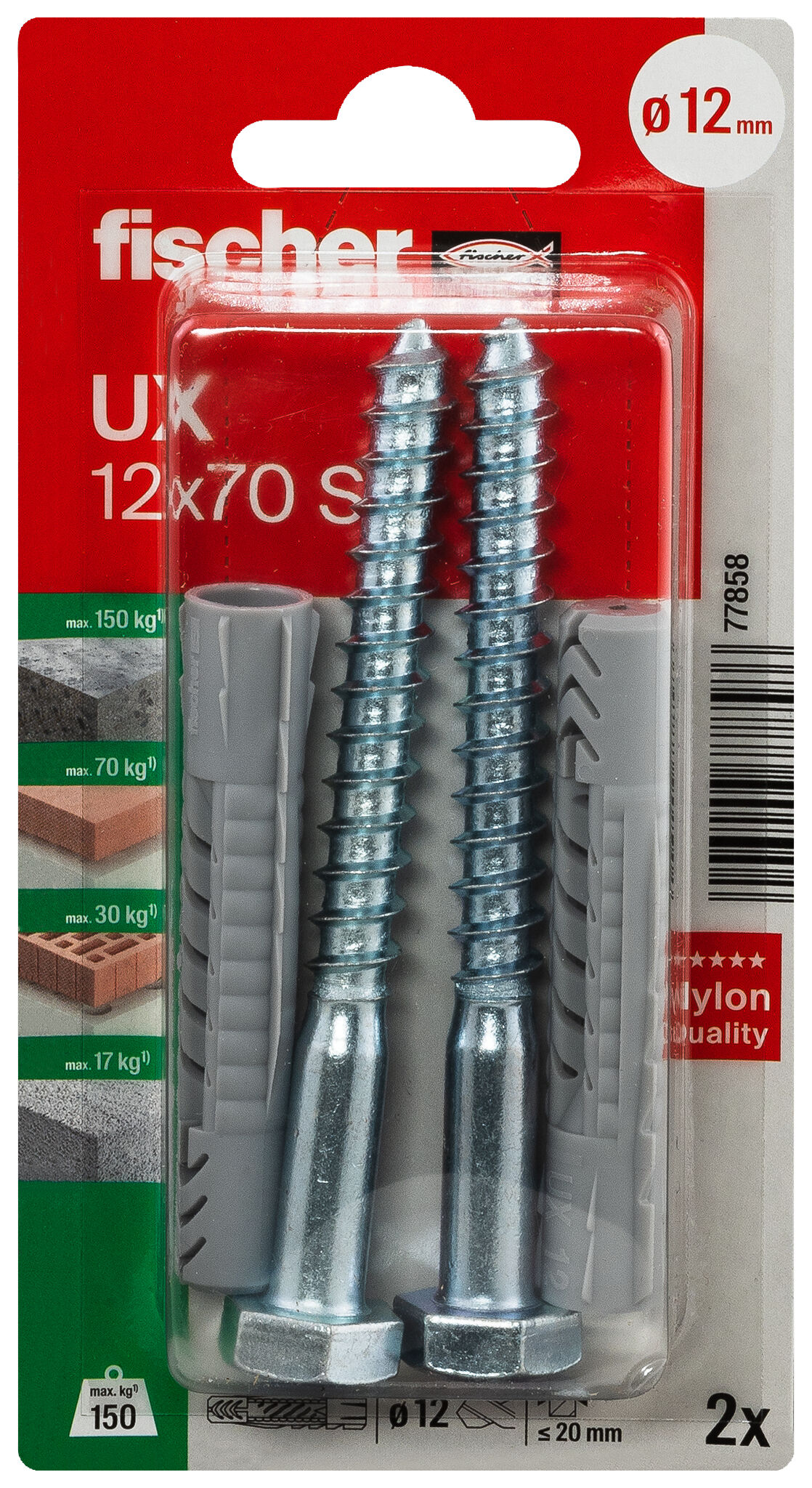 Packaging: "fischer Universal plug UX 12 x 70 S K without rim with screw"