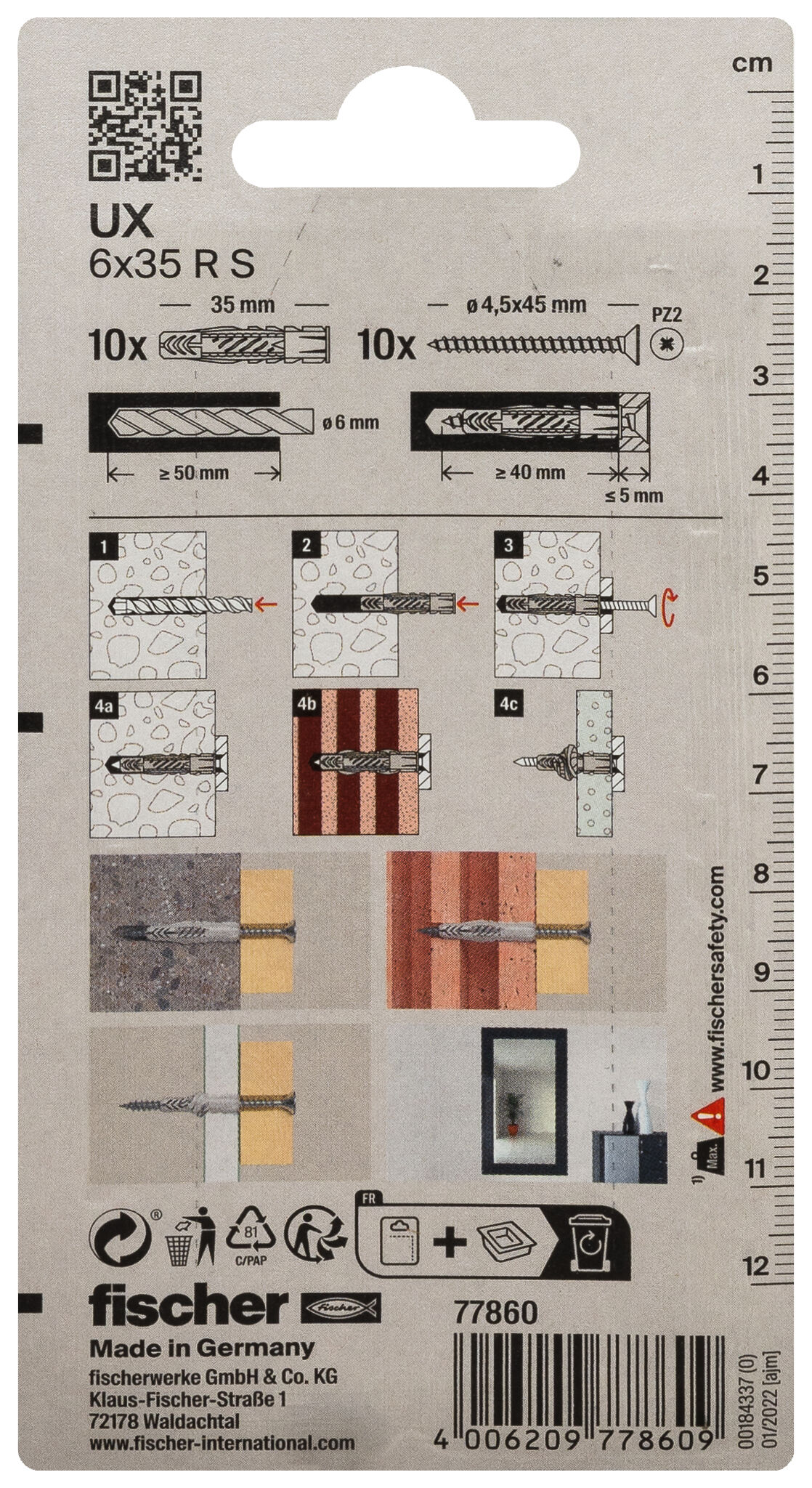 Packaging: "fischer Universal plug UX 6 x 35 RS K with rim and screw"