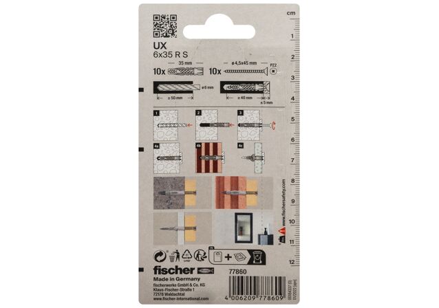 Packaging: "fischer Universal plug UX 6 x 35 RS K with rim and screw"