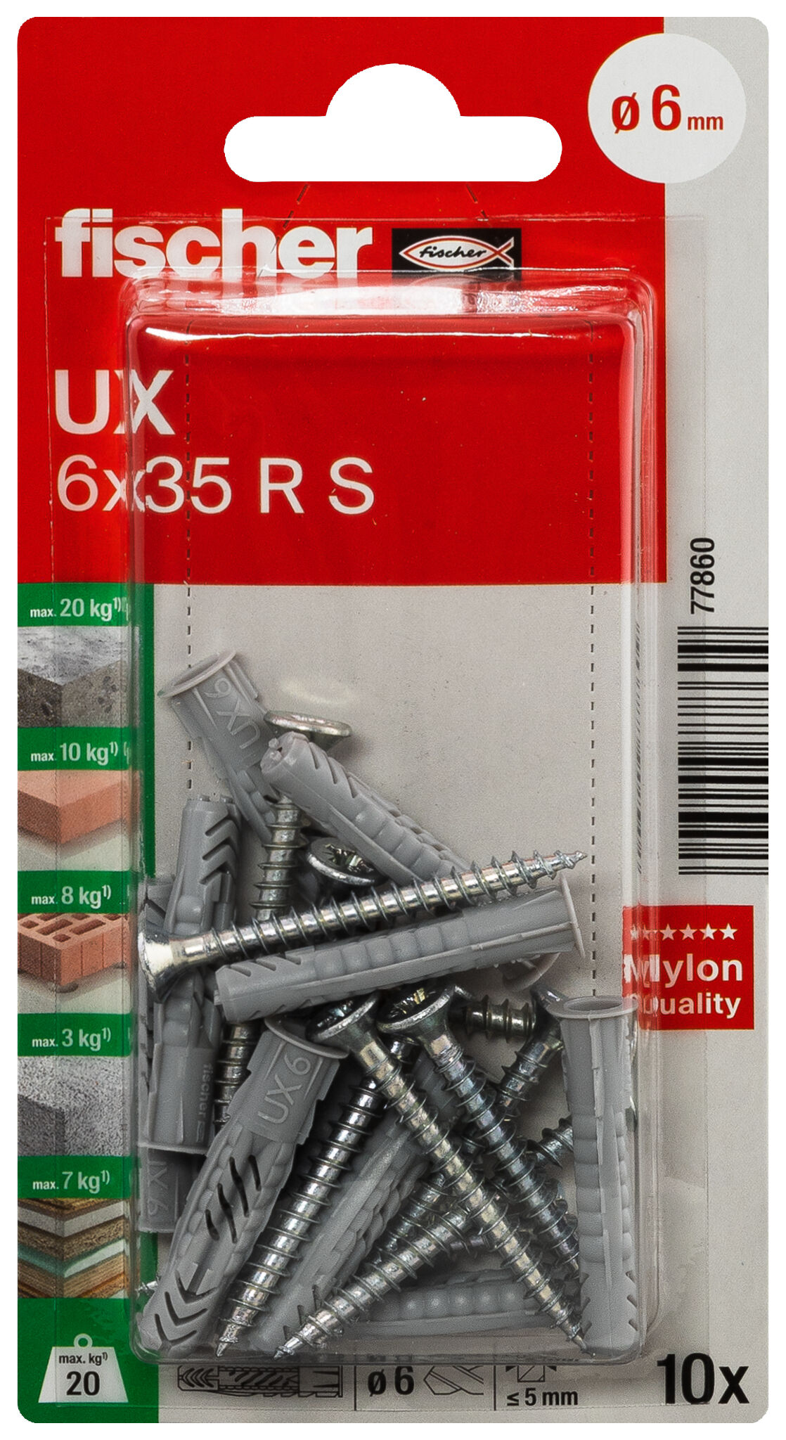 Packaging: "fischer Universal plug UX 6 x 35 RS K with rim and screw"