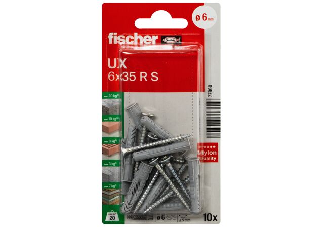 Packaging: "fischer Universal plug UX 6 x 35 RS K with rim and screw"