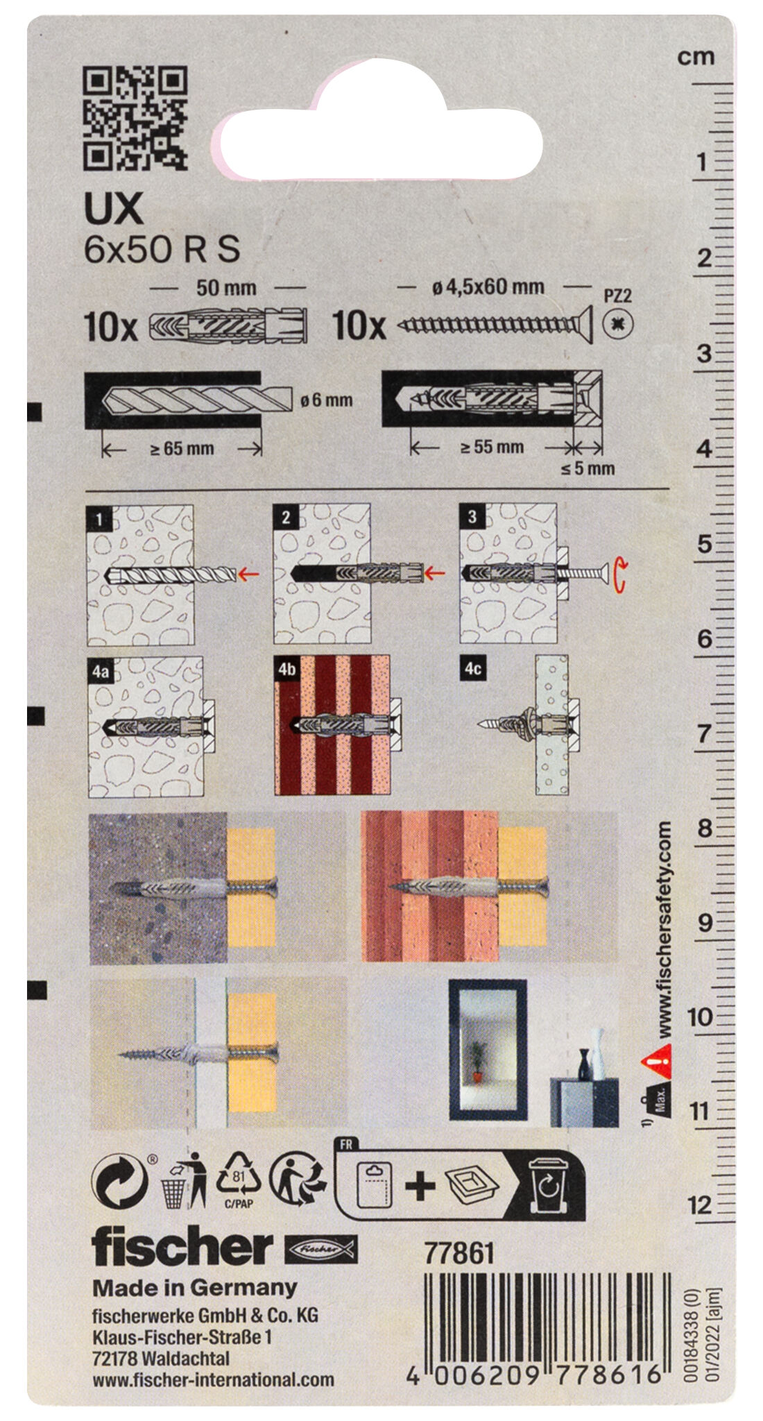 Packaging: "fischer Universal plug UX 6 x 50 RS K with rim and screw"