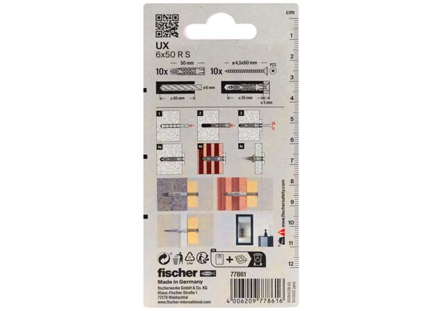 Packaging: "fischer Universal plug UX 6 x 50 RS K with rim and screw"
