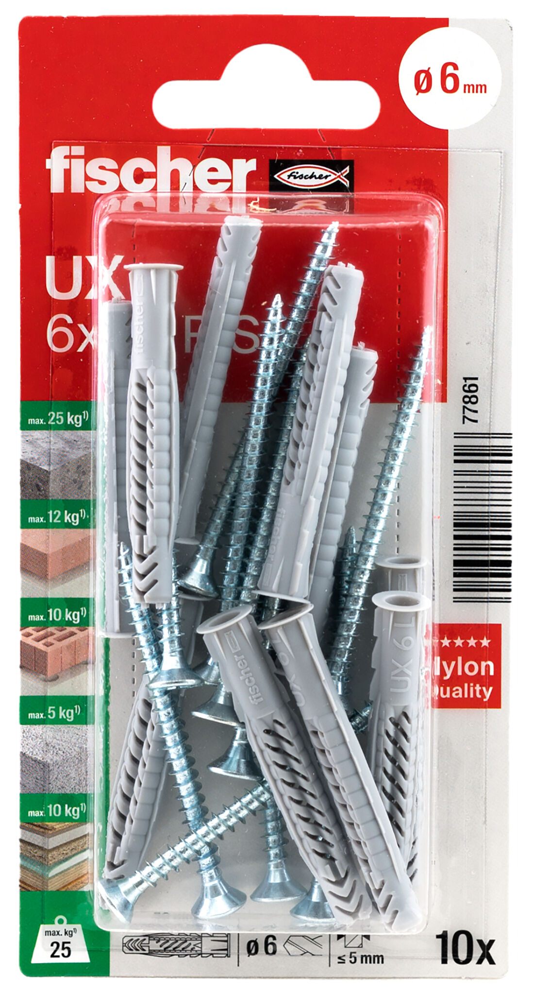 Packaging: "fischer Universal plug UX 6 x 50 RS K with rim and screw"