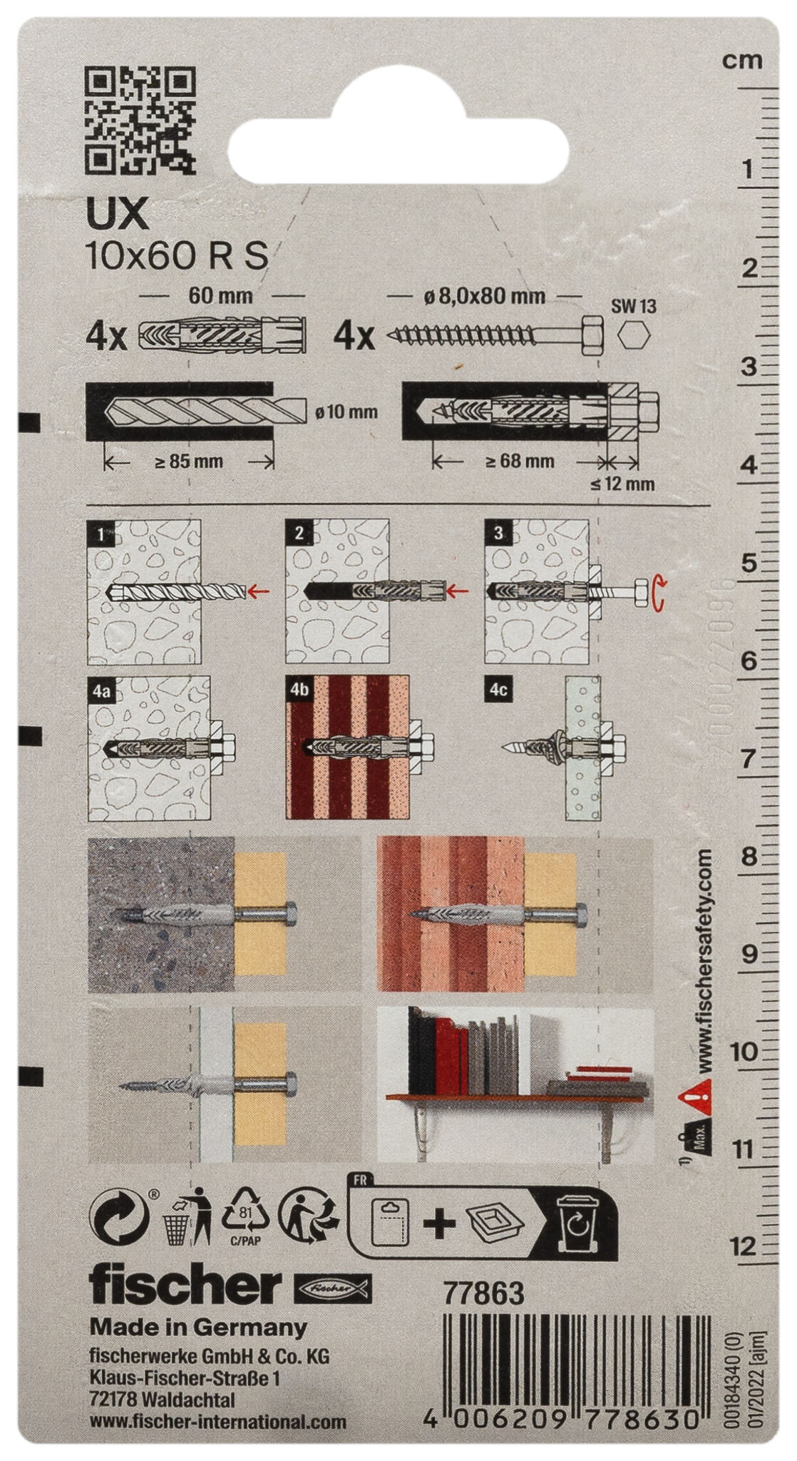 Verpackung: "fischer Universaldübel UX 10 x 60 R S mit Rand und Schraube"