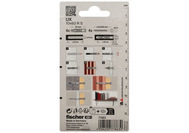 Packaging: "fischer Universal plug UX 10 x 60 RS K with rim and screw"