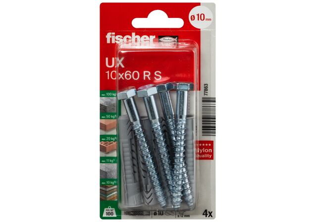 Packaging: "fischer Universal plug UX 10 x 60 RS K with rim and screw"