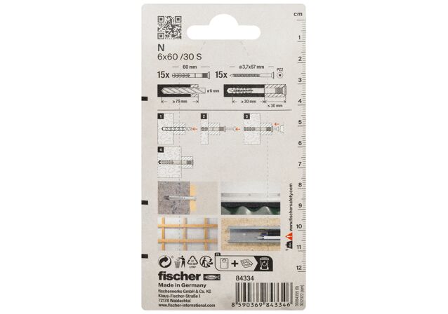 Verpackung: "fischer Nageldübel N 6 x 60 / 30 S mit Schraube"