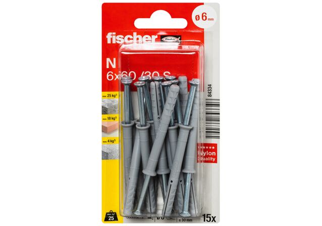 Verpackung: "fischer Nageldübel N 6 x 60 / 30 S mit Schraube"