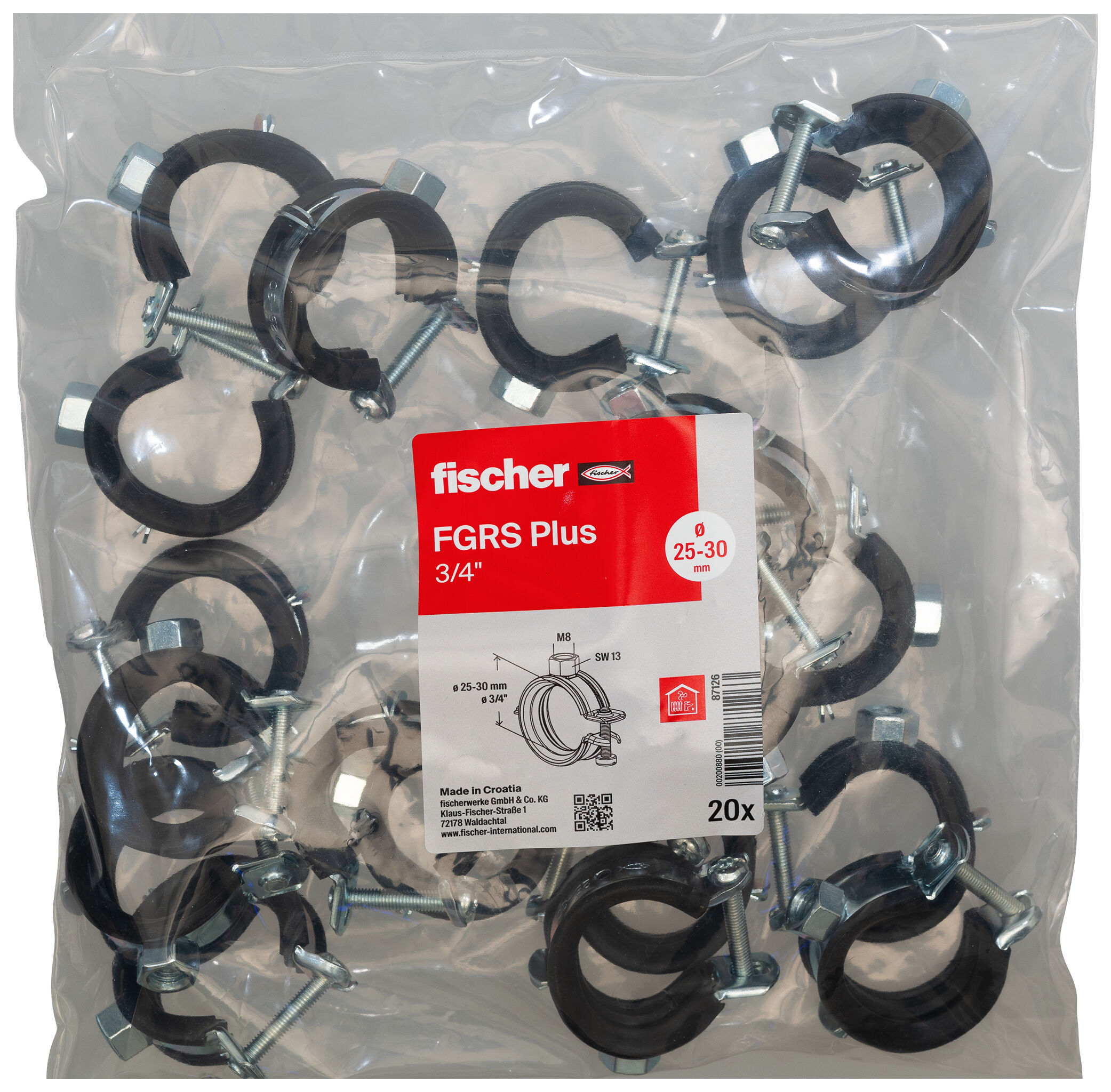 Packaging: "fischer Hinged pipe clamp FGRS Plus 3/4" BG"