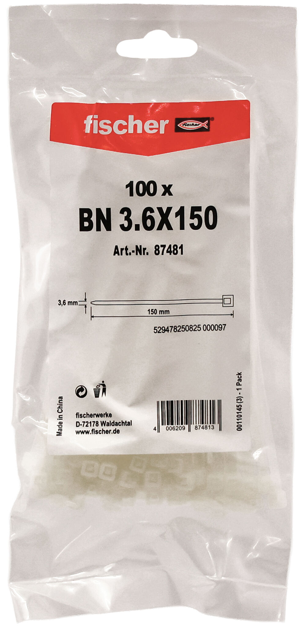 Packaging: "fischer Cable tie BN 3.6 x 150 transparent"