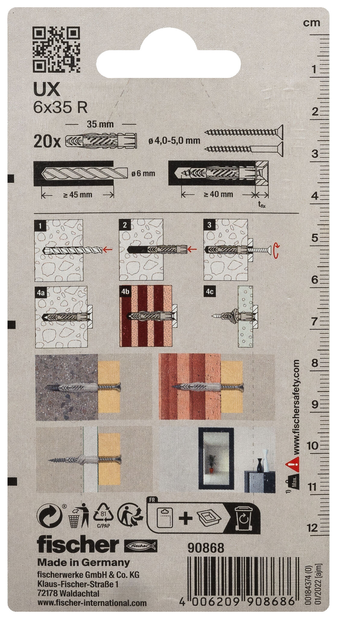 Packaging: "fischer Universal plug UX 6 x 35 R with rim"