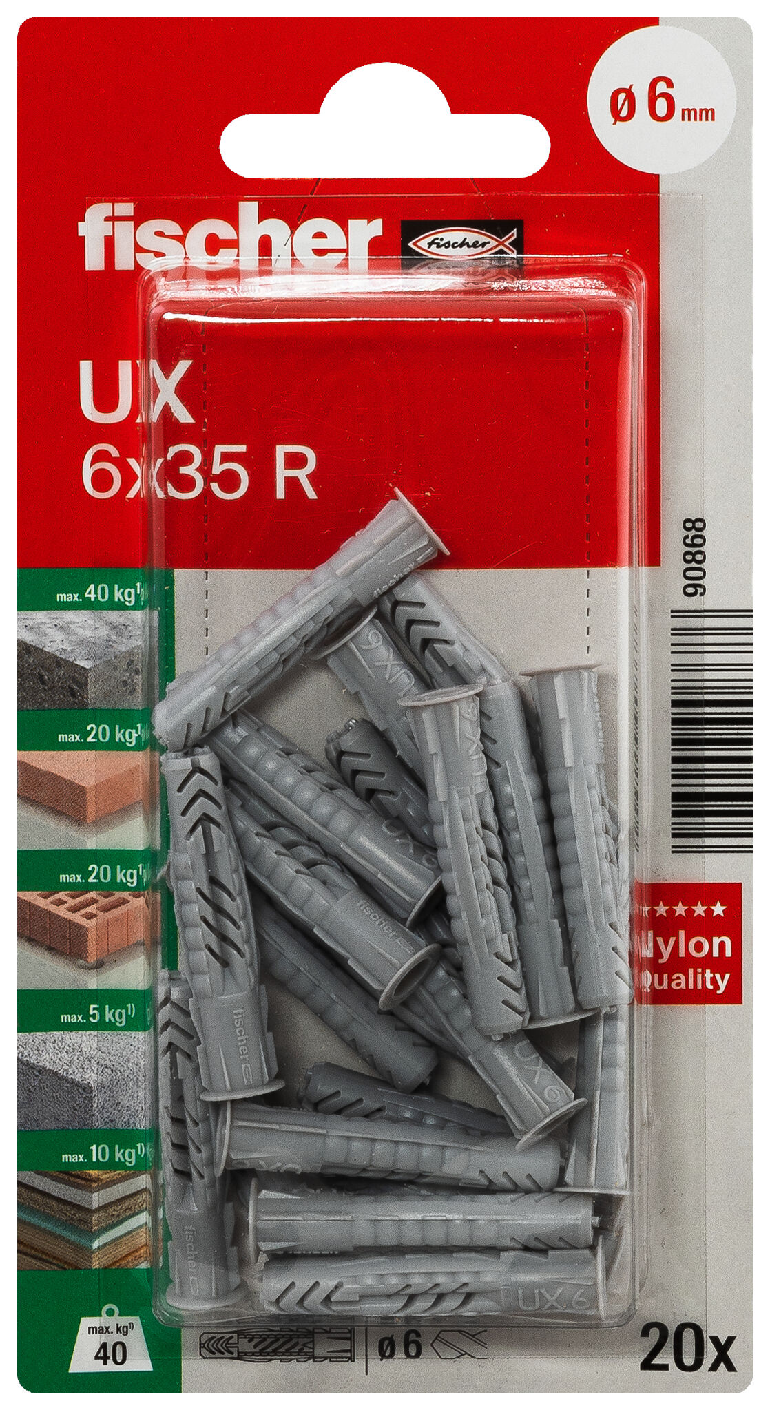 Packaging: "fischer Universal plug UX 6 x 35 R with rim"