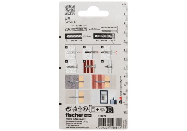 Packaging: "fischer Universal plug UX 6 x 50 R with rim"