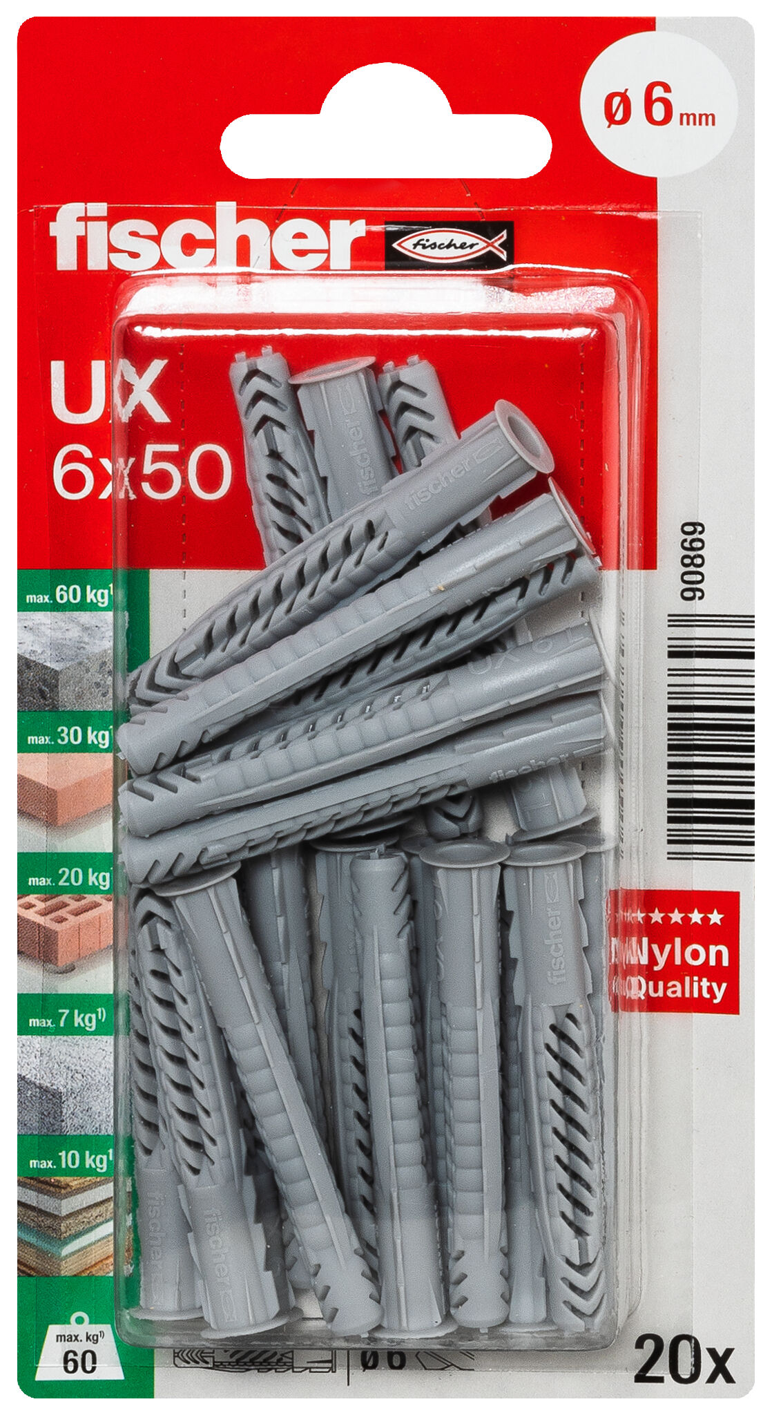 Packaging: "fischer Universal plug UX 6 x 50 R with rim"